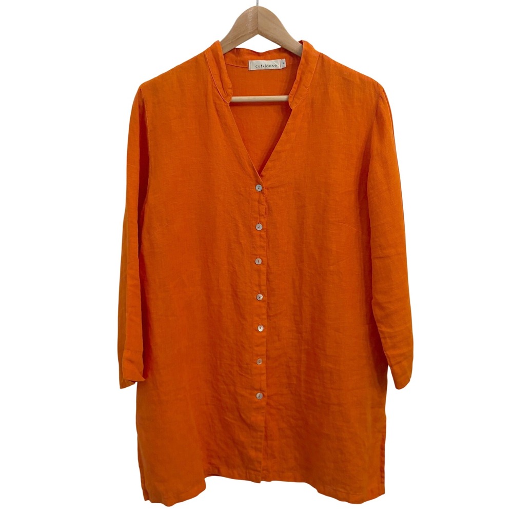 Cut Loose Linen Button Tunic Top Women M Lagenlook 3/4 Sleeve Relaxed Fit Orange